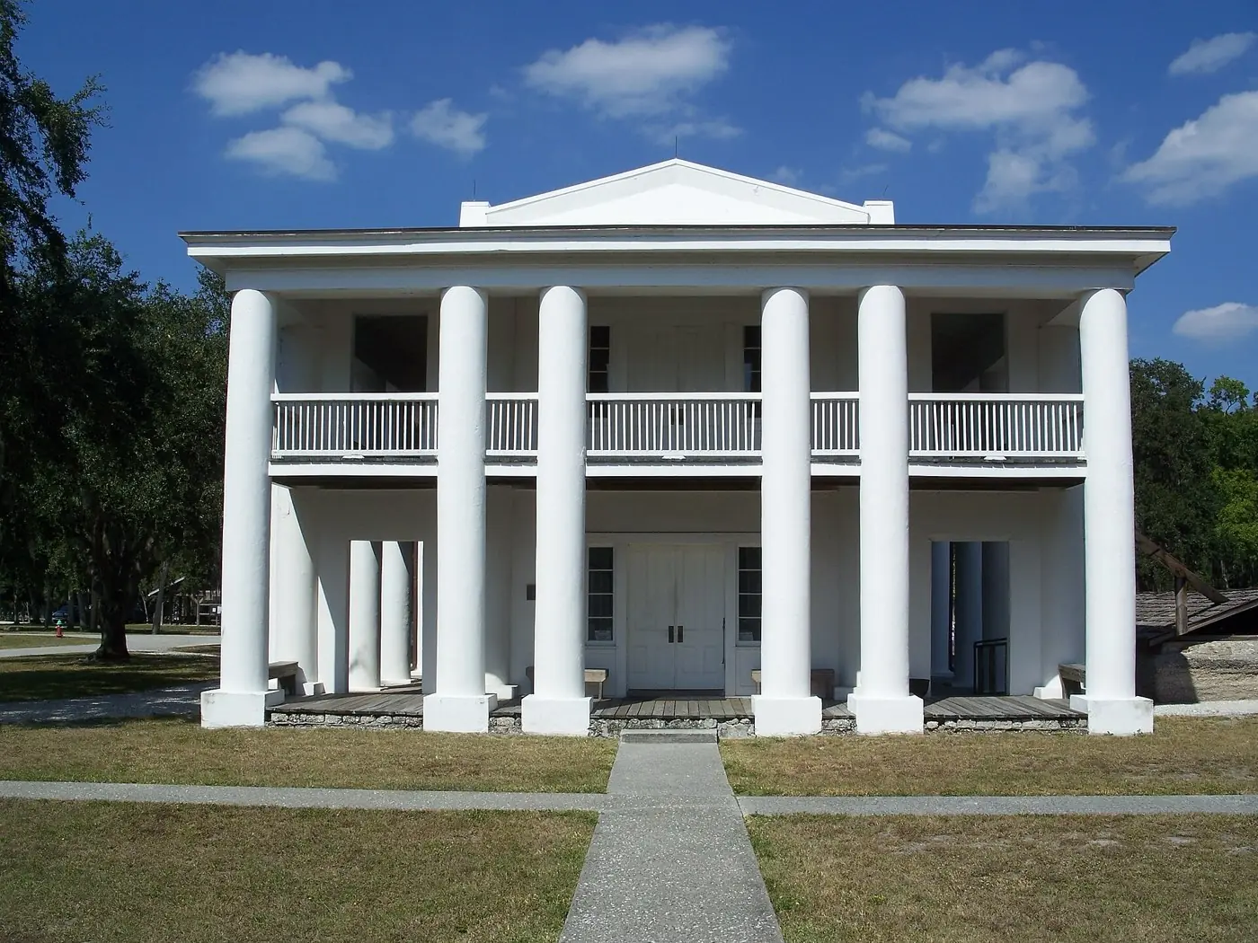 The white Greek Revival facade and tabby columns of the Gamble Mansion in Ellenton