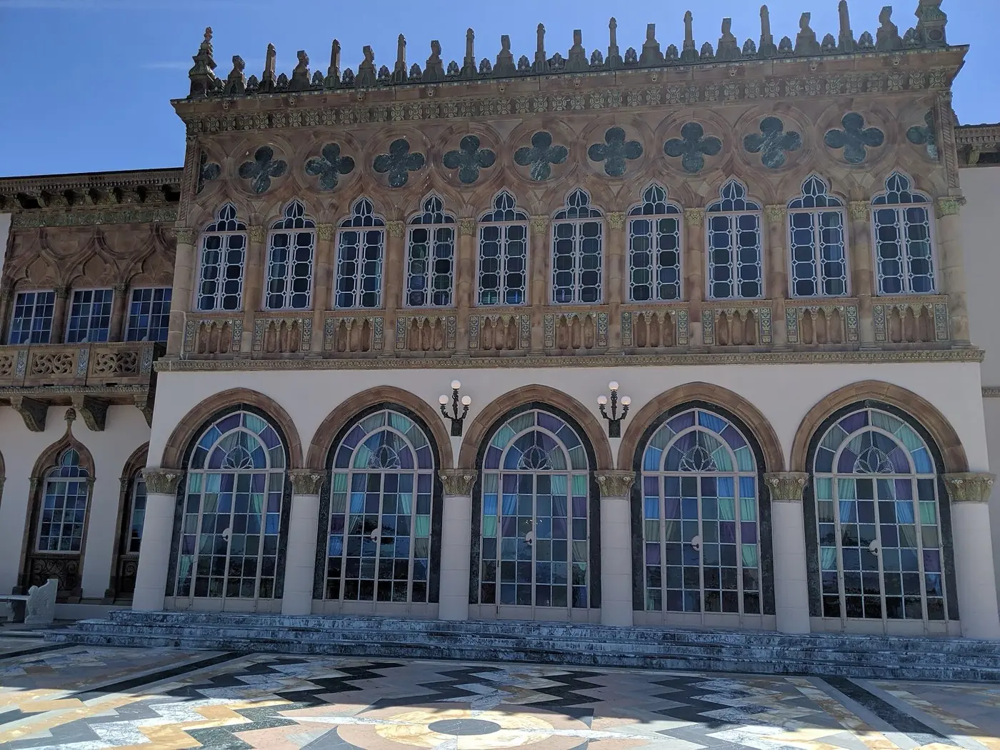 The Venetian Gothic terrace facade of Ca' d'Zan on Sarasota Bay